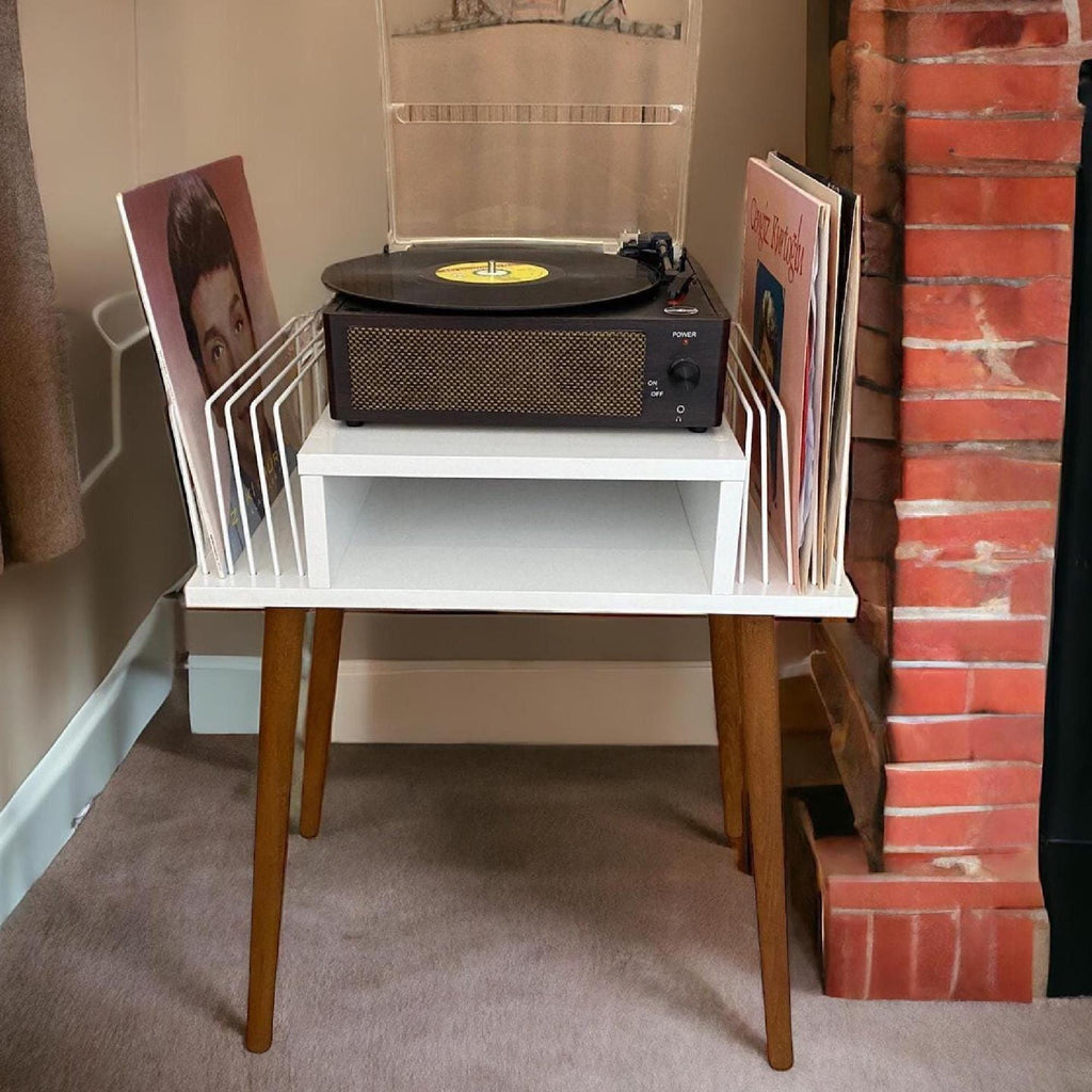 Handmade Mid-Century Modern White Record Player Stand: Vinyl Storage, lp holder wood metal.