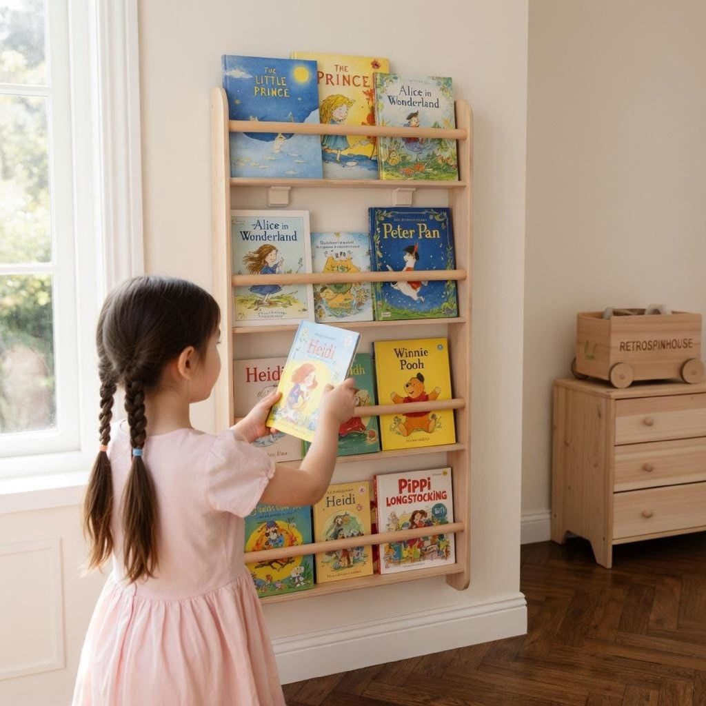 Montessori Bookcase for Kids, Bücherregal Kinder Holz, Nursery Bookshelf, Baby Book Display, Toy Storage Shelf, Kinderzimmer Möbel.