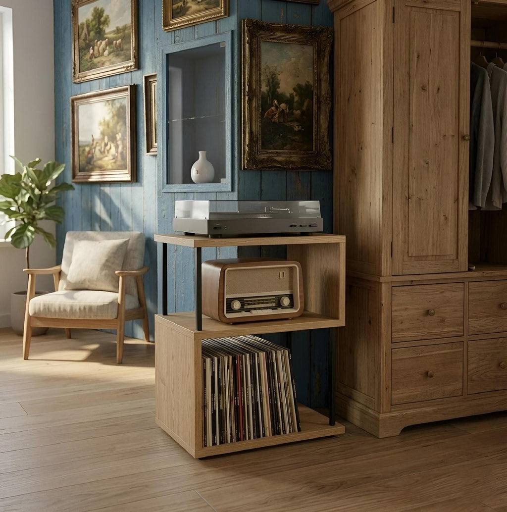 Name Record Rack, Oak Look, Compact LP Stand, Minimal Vinyl Shelf