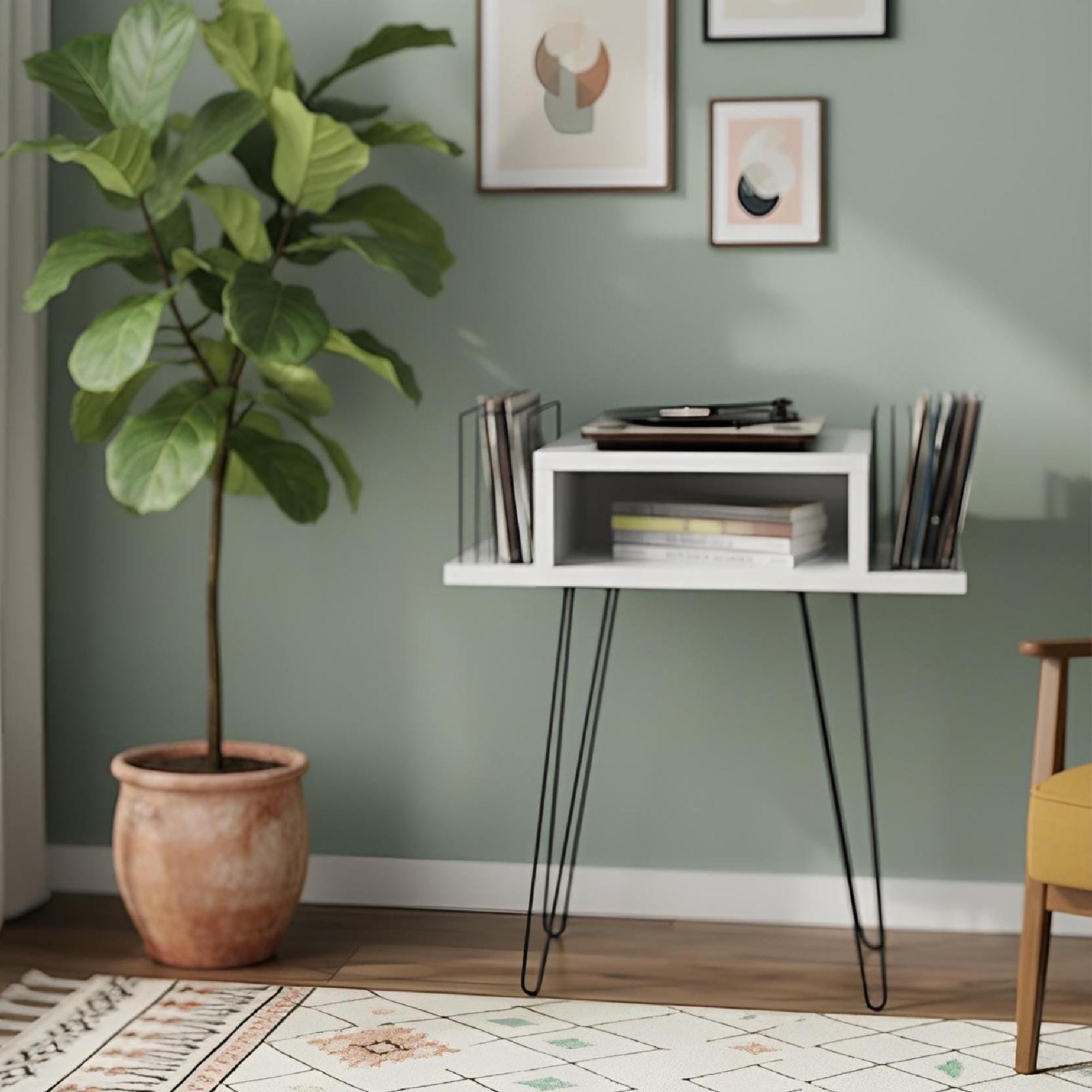 Mid Century Modern White Record Player Stand, Vinyl Storage Cabinet,  lp organizer stand