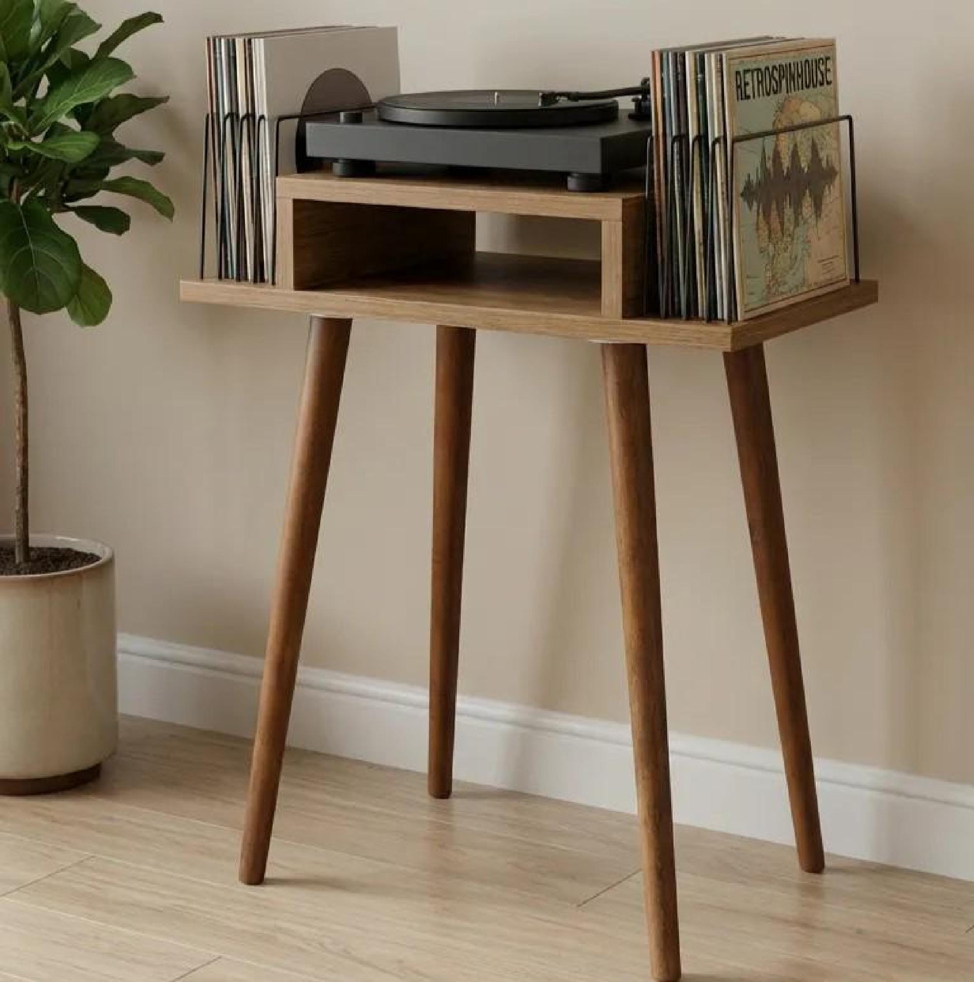 Mid Century Turntable Stand, Slim Record Shelf, Compact LP Stand, Minimal Wooden Unit