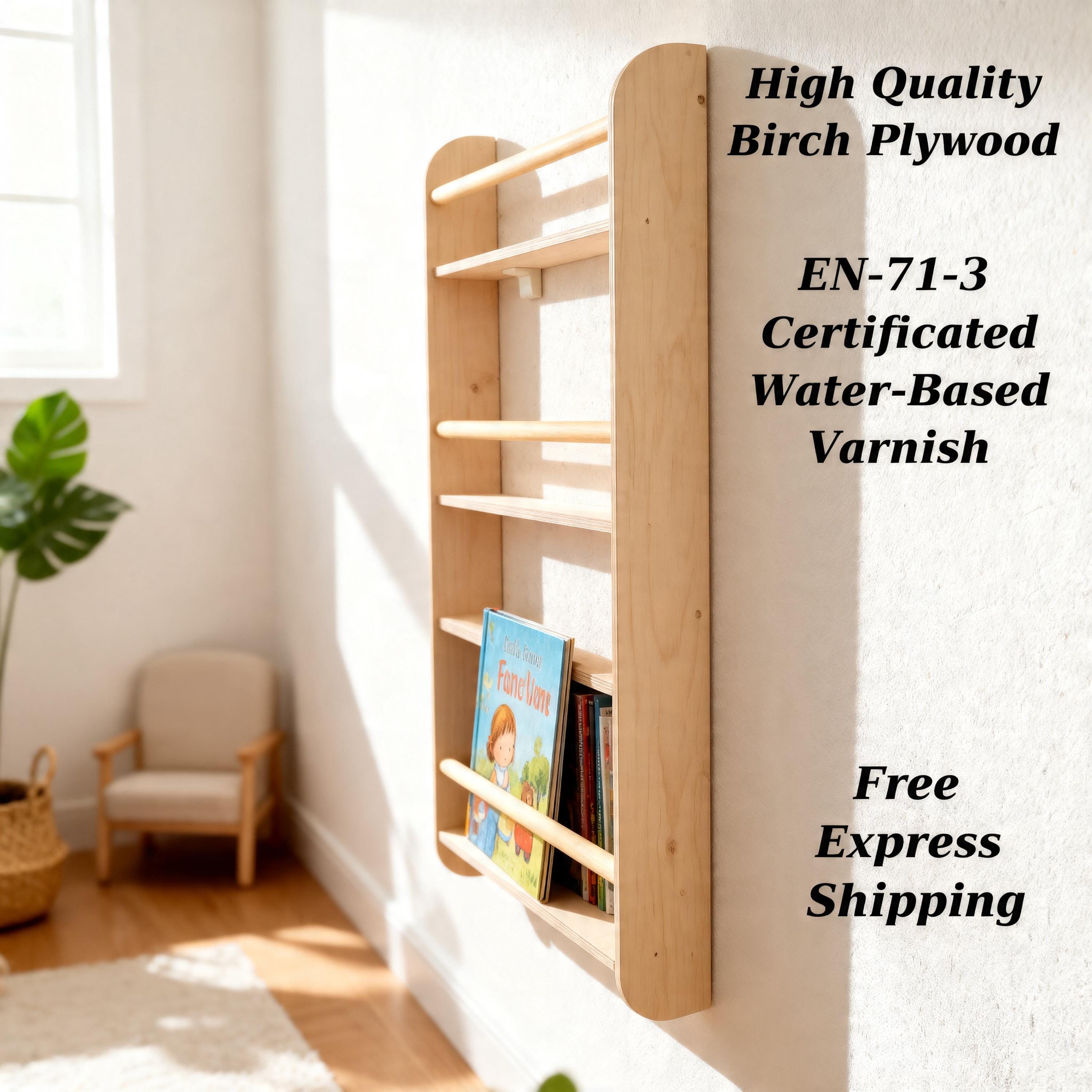 Birch Wood Slim Wall Shelf, Front Facing Books, Triple Record Ledge.