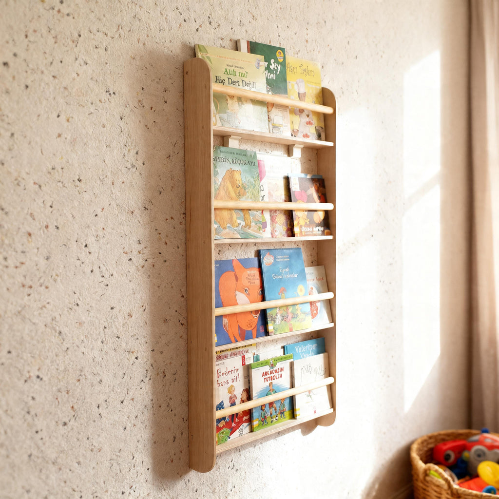 Birch Wood Slim Wall Shelf, Front Facing Books, Triple Record Ledge.