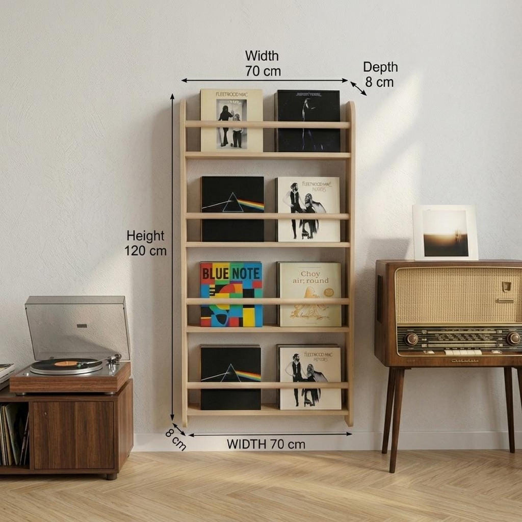 Birch Wood Slim Wall Shelf, Front Facing Books, Triple Record Ledge.