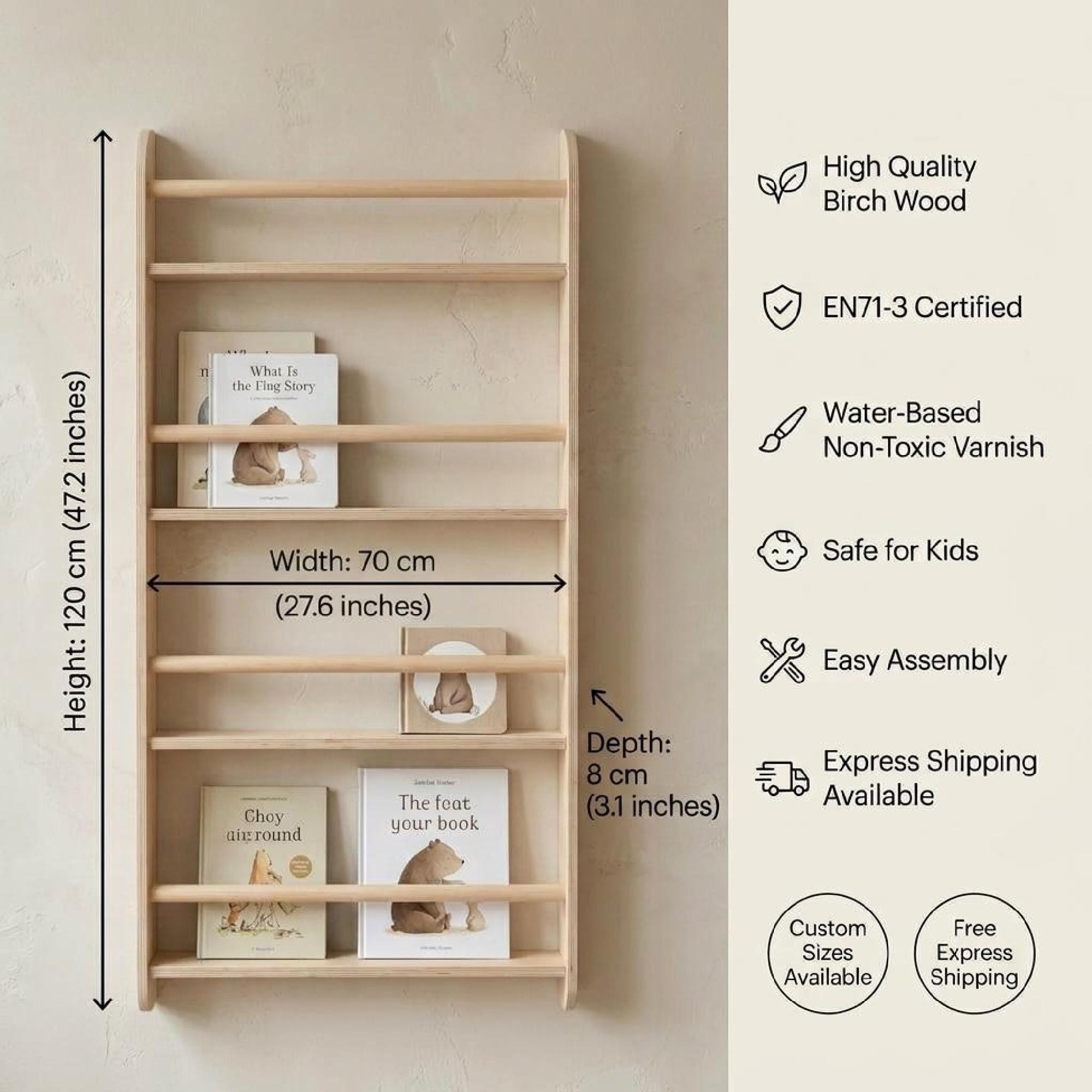 Birch Record Shelf, Slim Wall Bookshelf, Nursery Book Ledge, Minimalist Birch Wood