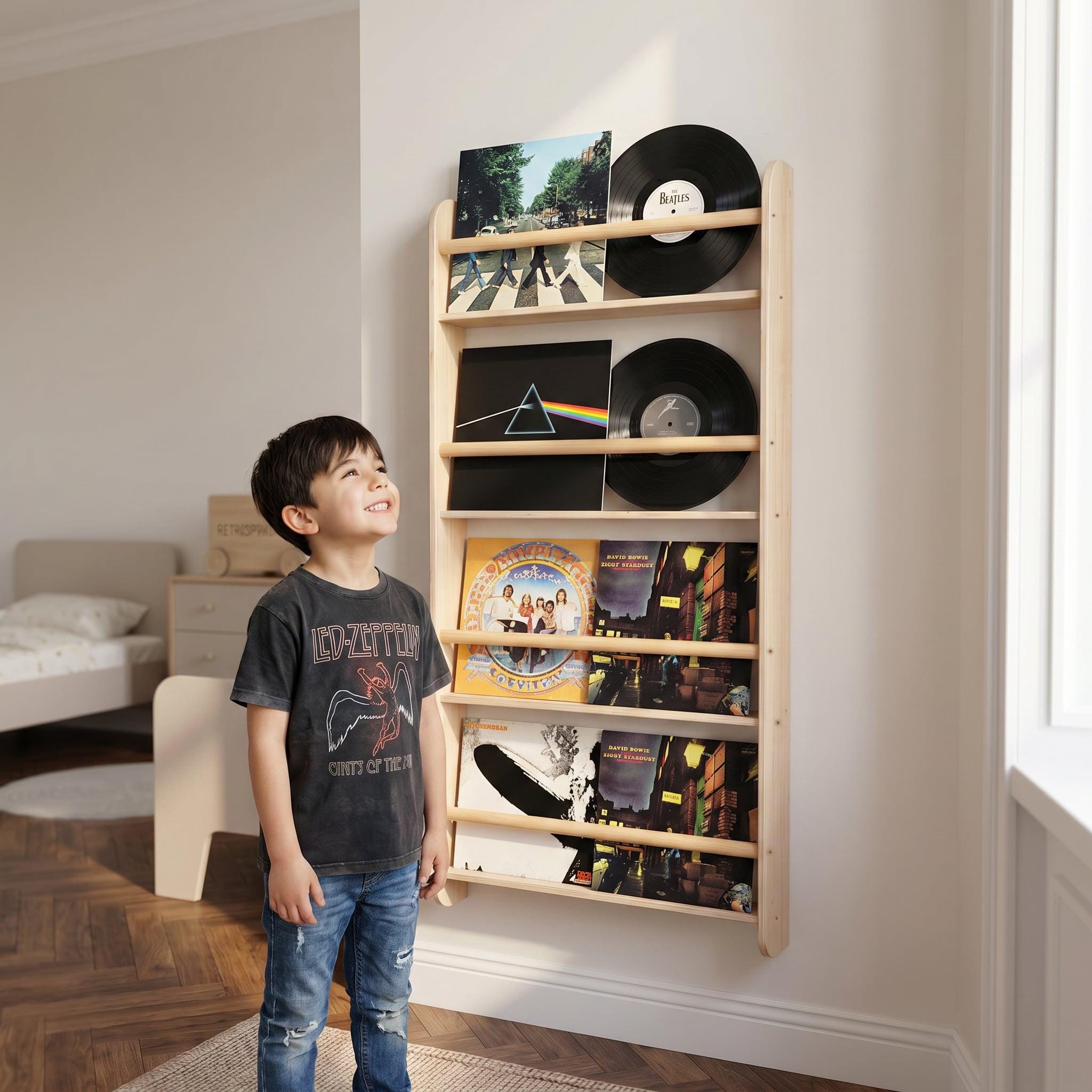 Vinyl Record Wall Shelf Birch Wood LP Display Rack Front Facing Album Storage.