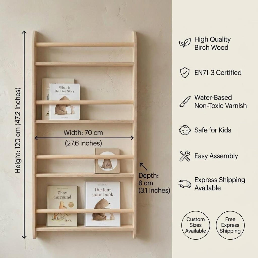 Vinyl Record Wall Shelf Birch Wood LP Display Rack Front Facing Album Storage.