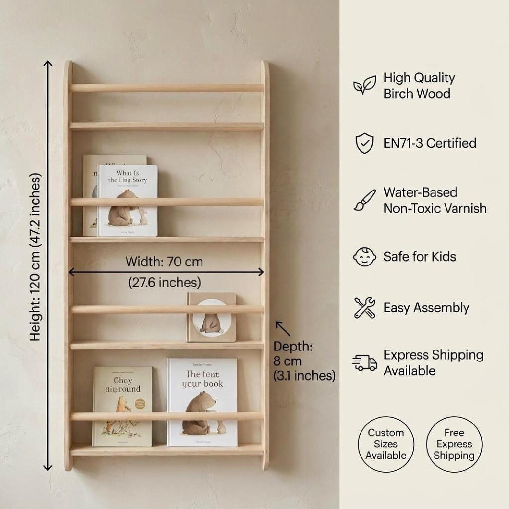 Vinyl Record Wall Shelf Birch Wood LP Display Rack Front Facing Album Storage.