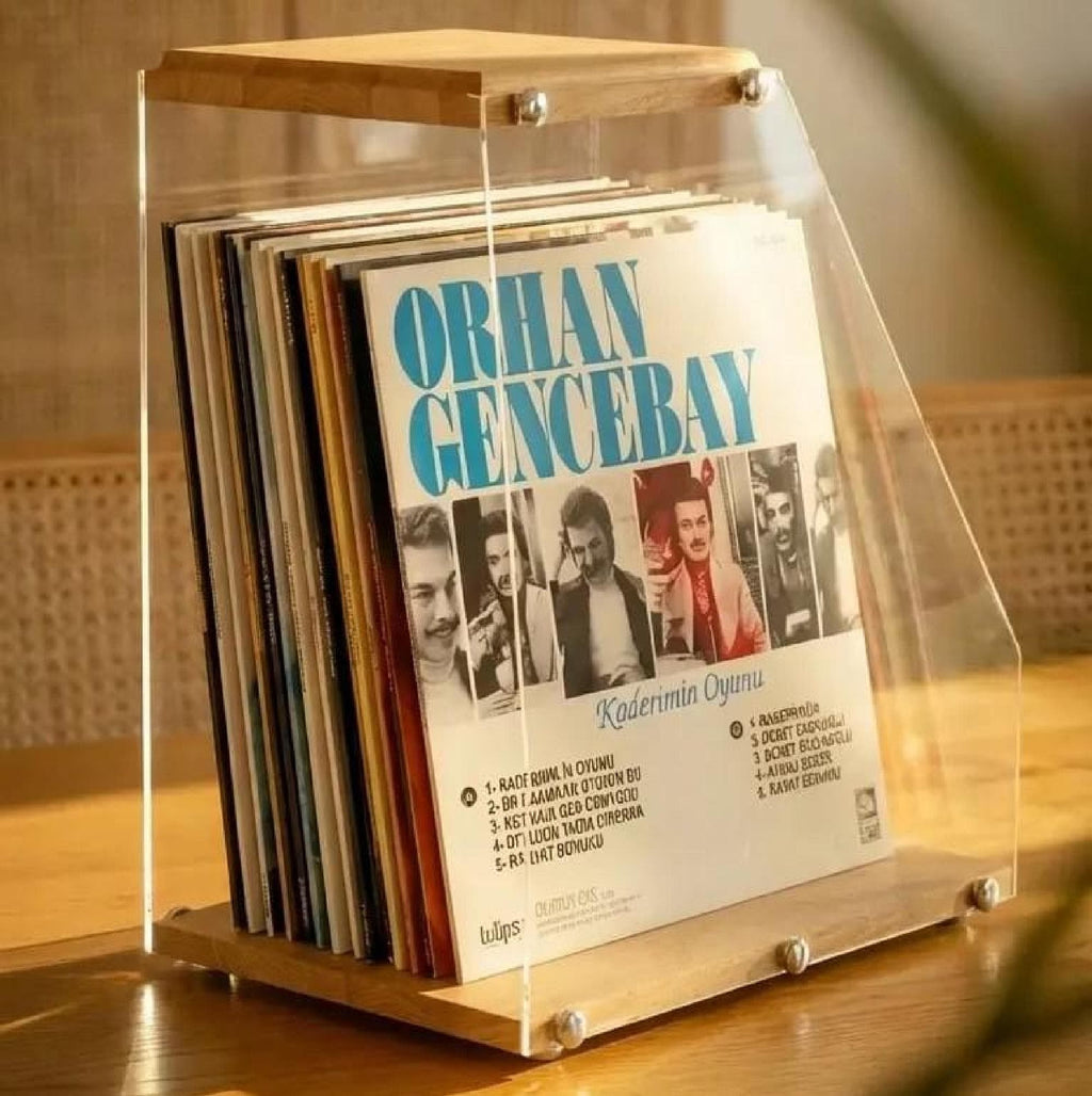 Clear Vinyl Case Desktop Vinyl Box, Solid Wood and Plexiglass LP Holder