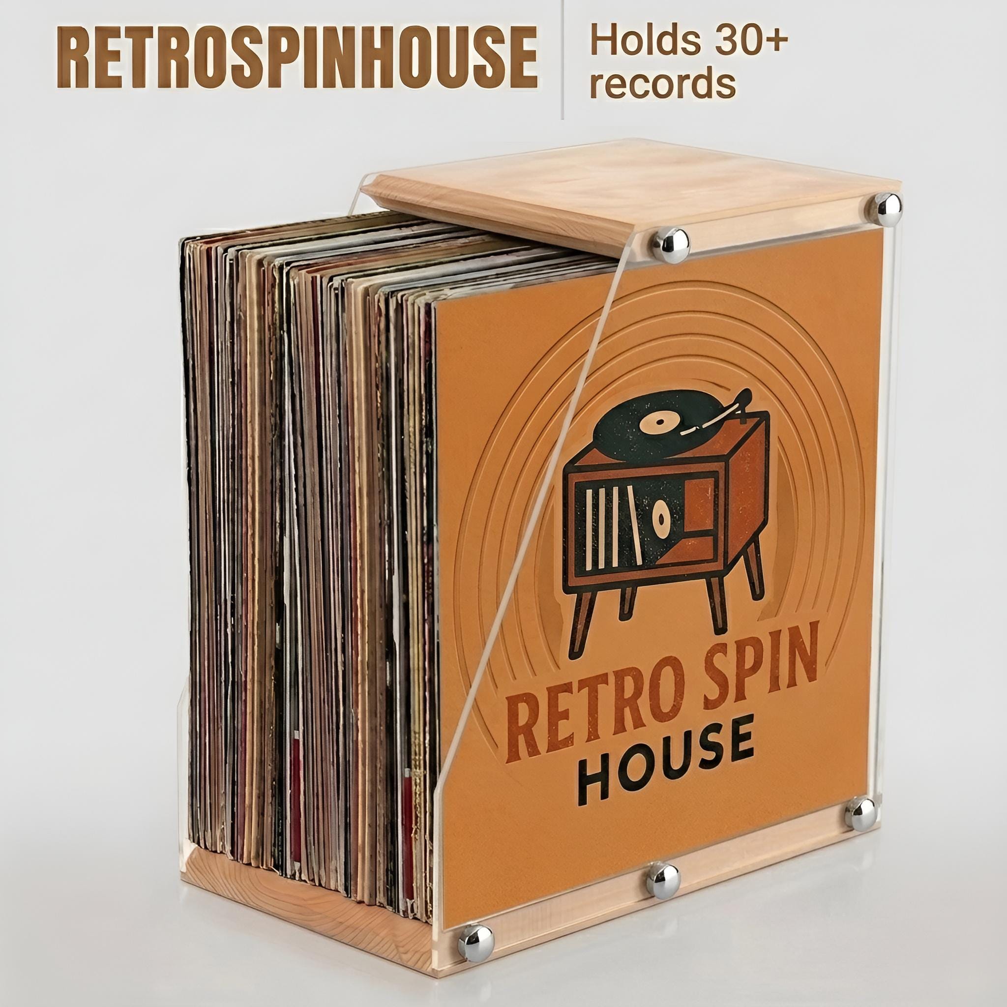 Vinyl record stand, solid wood LP record holder, clear acrylic display