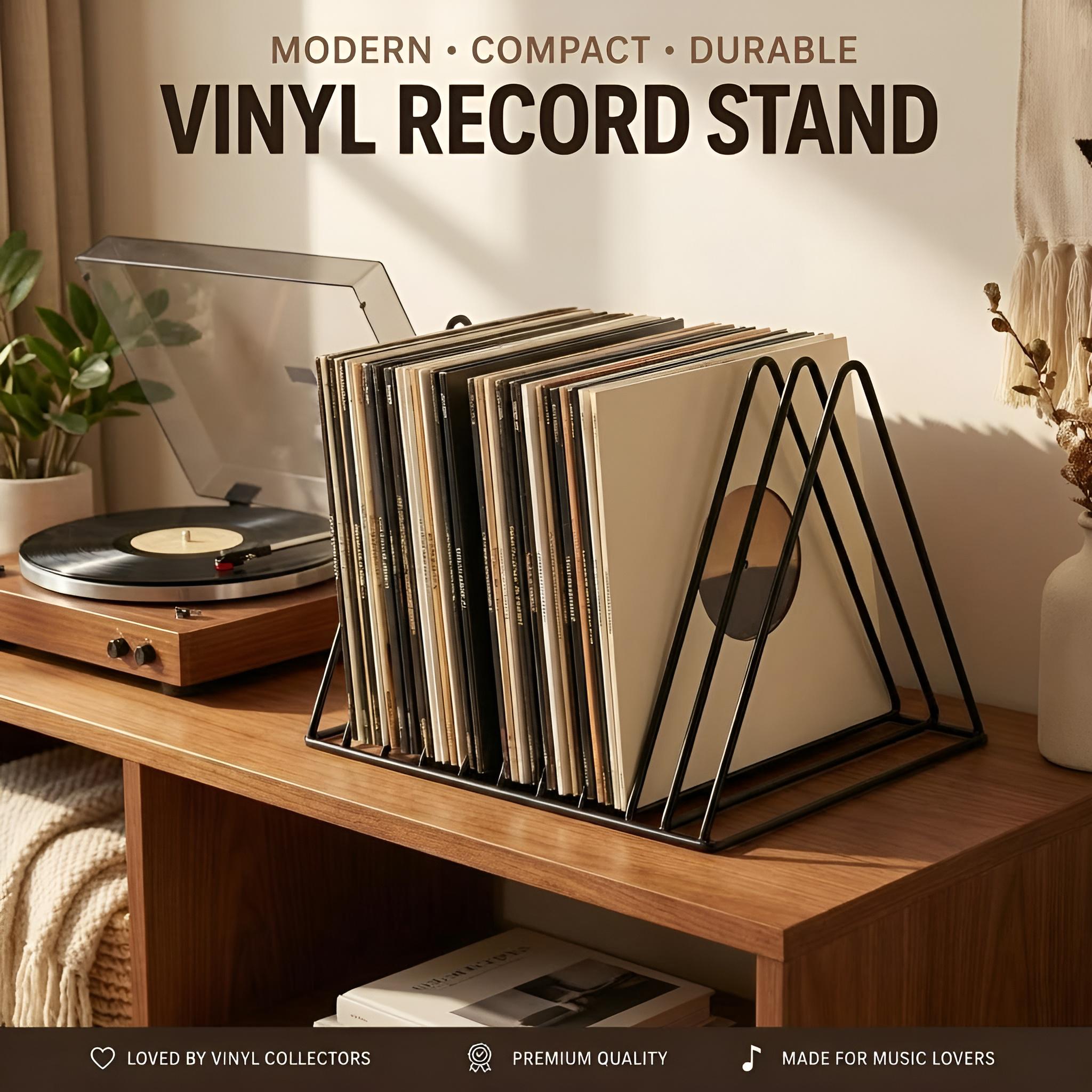 Desktop Record Rack, Black Metal Triangle Vinyl Stand, Minimalist LP Storage