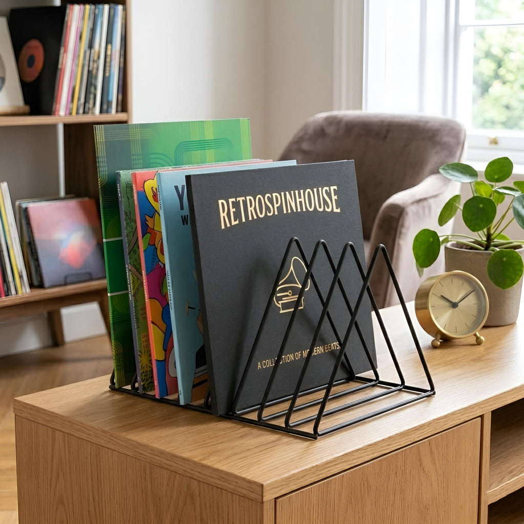 Desktop Record Rack, Black Metal Triangle Vinyl Stand, Minimalist LP Storage