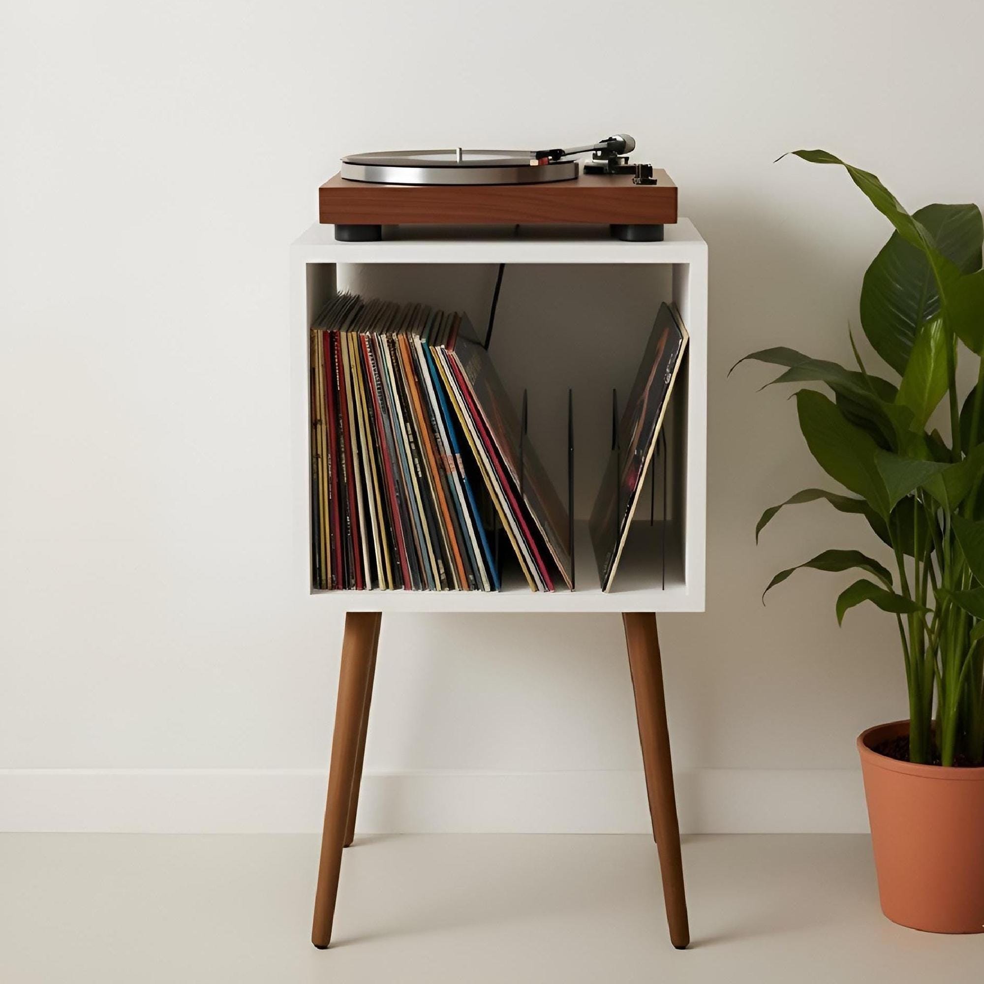 Personalized Retro Vinyl Record Player Stand, Mid Century Modern LP Storage