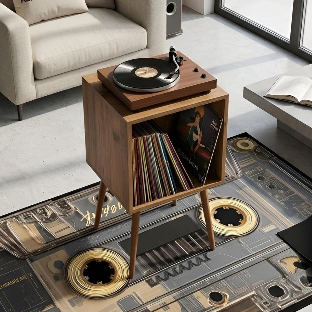 Personalized Retro Vinyl Record Player Stand, Mid Century Modern LP Storage