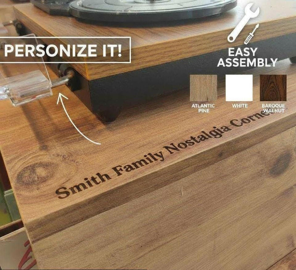 Personalized Retro Vinyl Record Player Stand, Mid Century Modern LP Storage