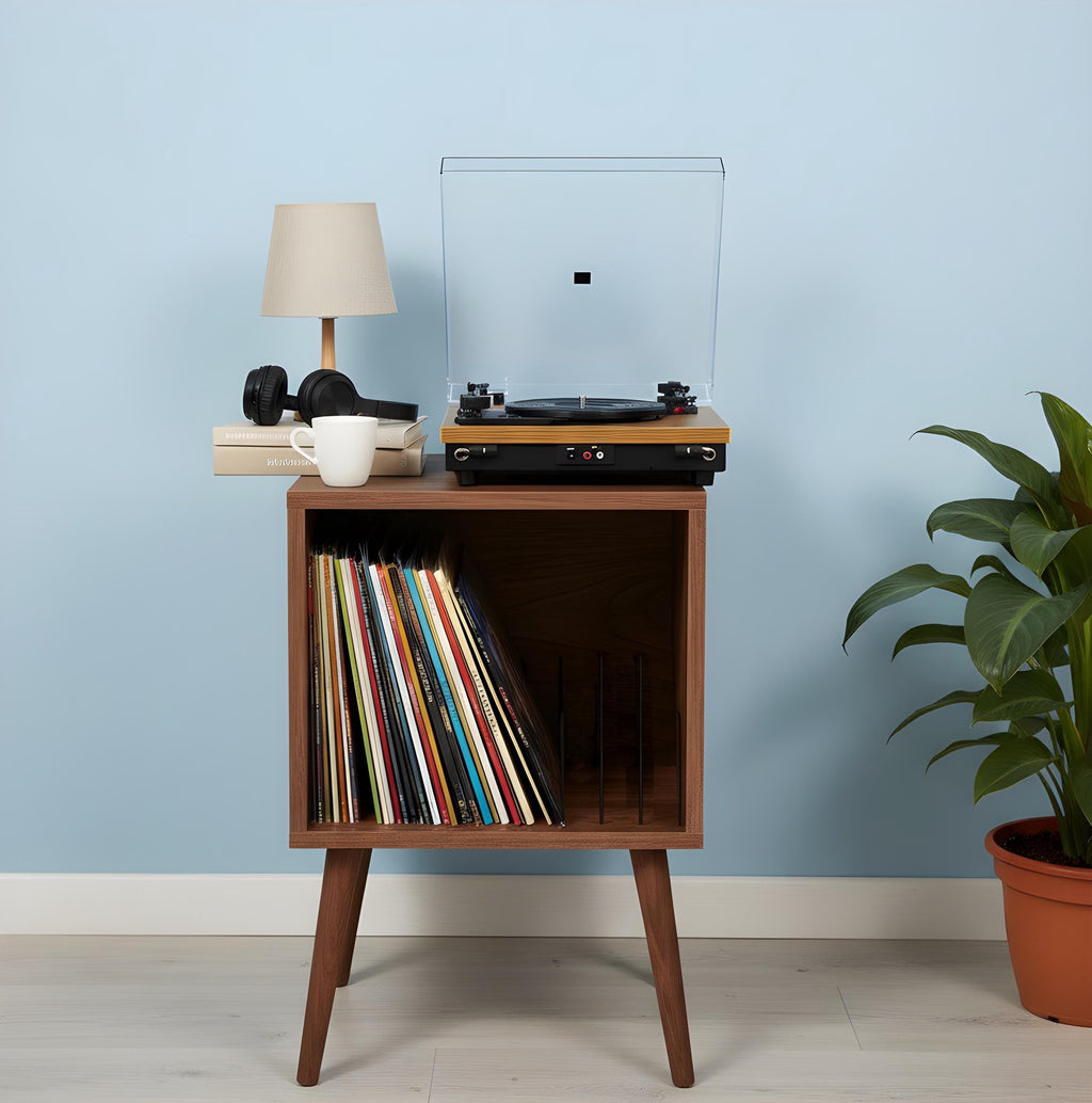 Personalized Retro Vinyl Record Player Stand, Mid Century Modern LP Storage