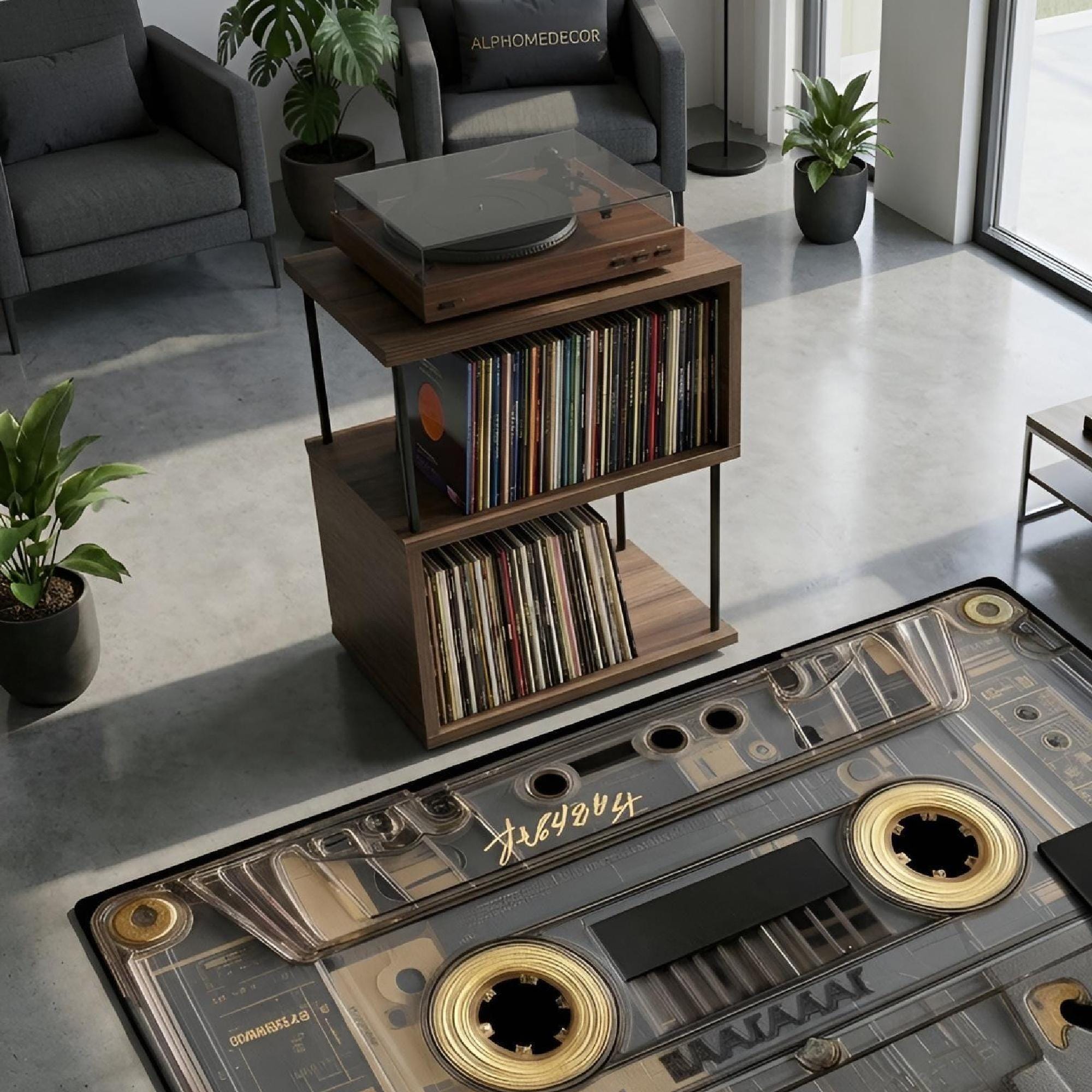 Record player stand with LP storage, small vinyl display unit