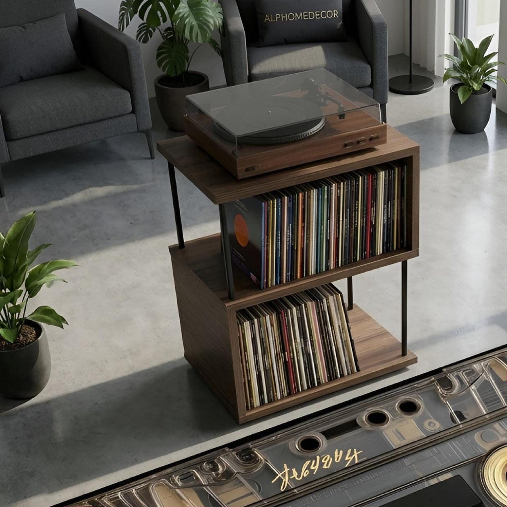 Name Record Rack, Oak Look, Compact LP Stand, Minimal Vinyl Shelf