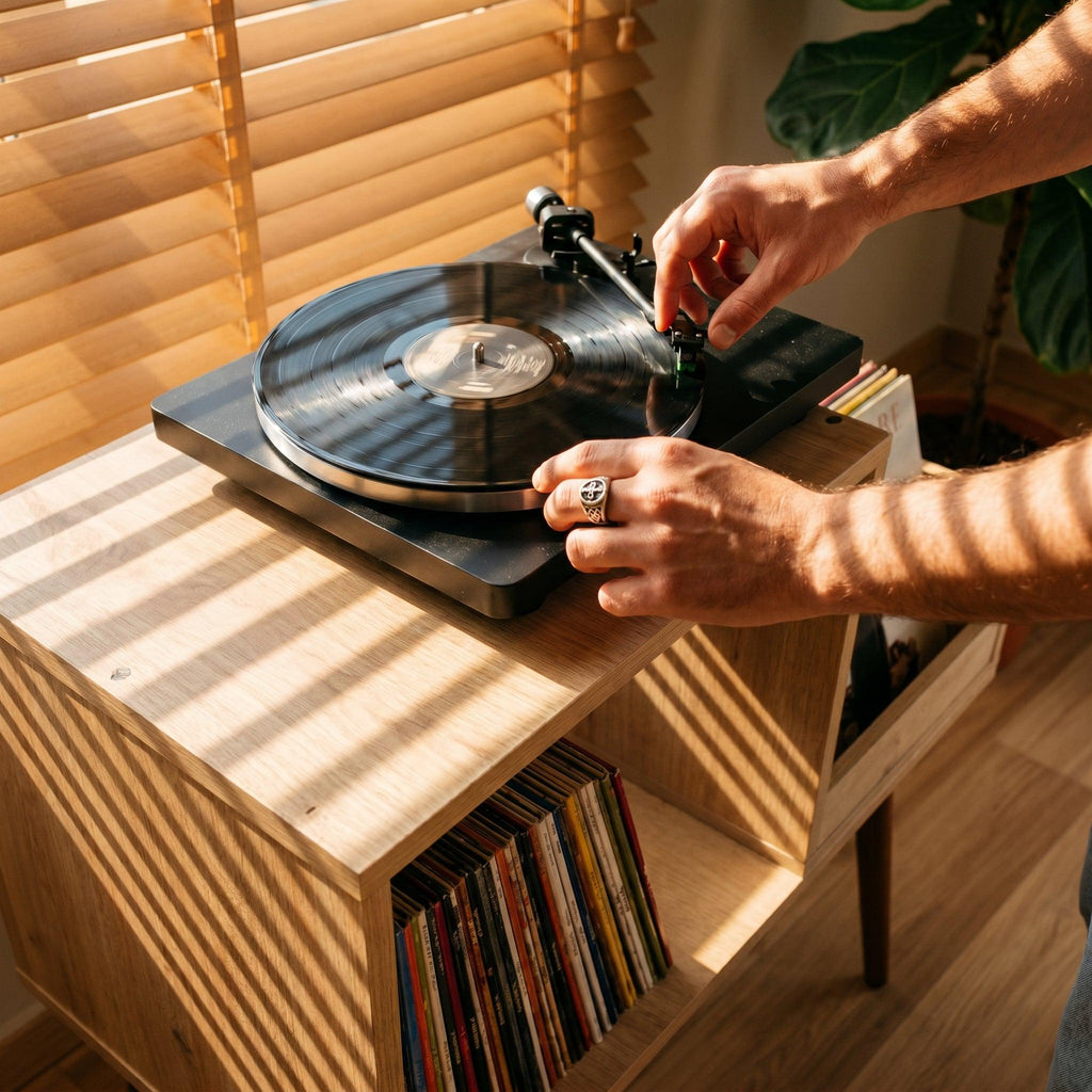 MCM Record Stand with Personalized Text, Mid-Century Turntable Setup and Metal Separator