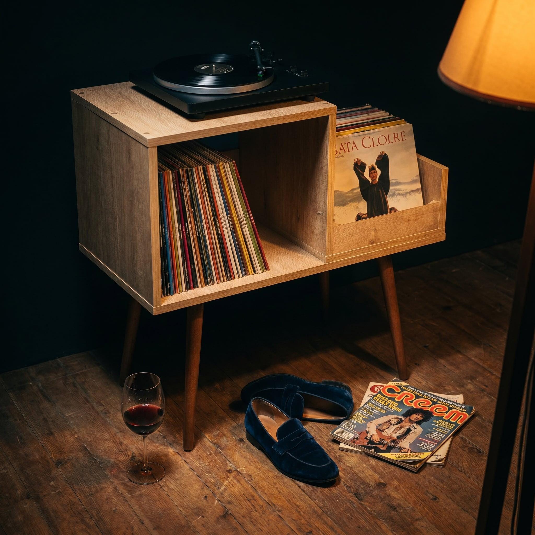 MCM Record Stand with Personalized Text, Mid-Century Turntable Setup and Metal Separator