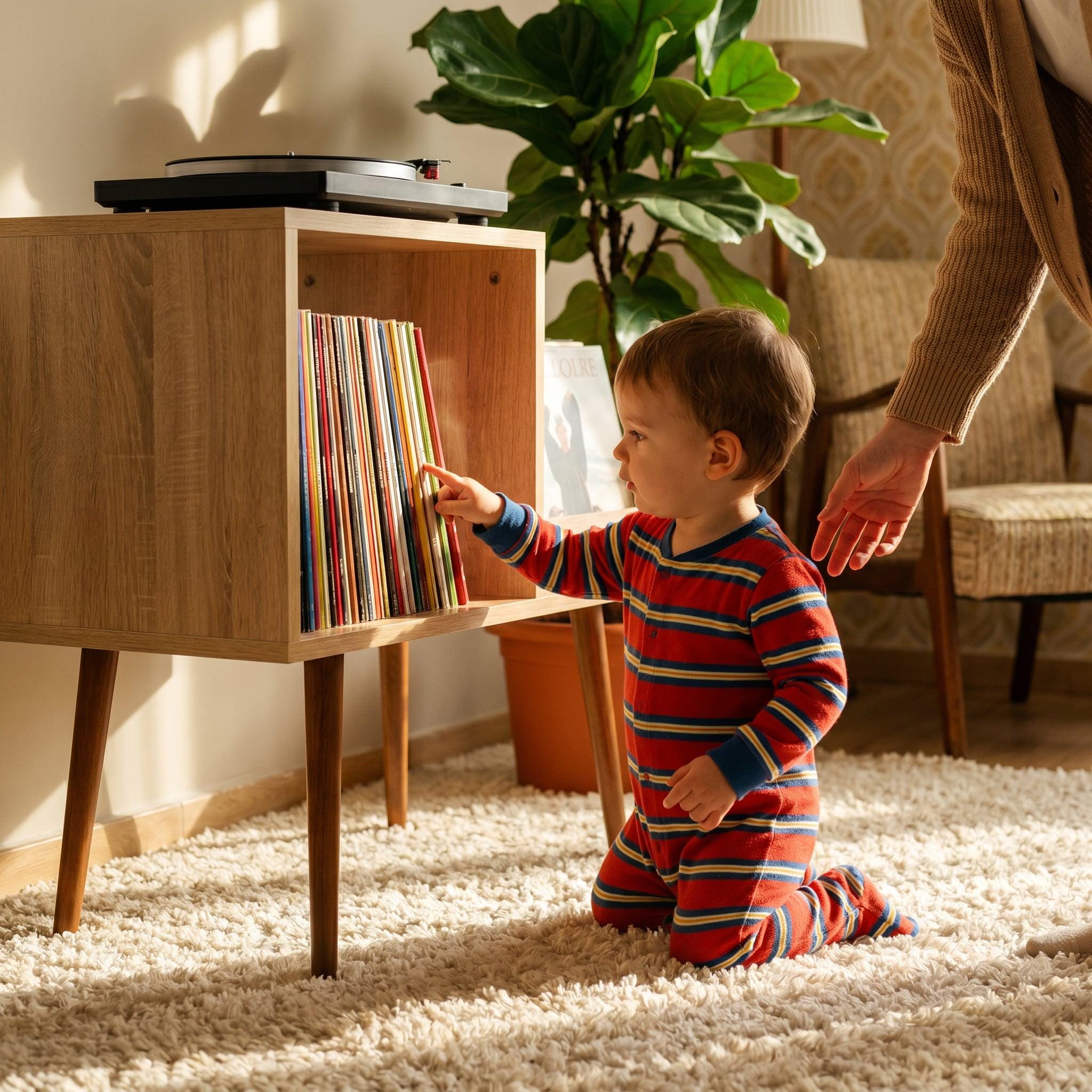 MCM Record Stand with Personalized Text, Mid-Century Turntable Setup and Metal Separator
