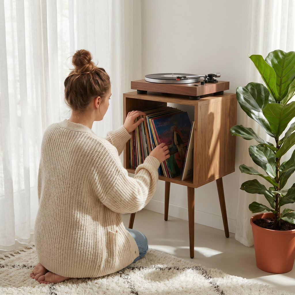 Personalized Retro Vinyl Record Player Stand, Mid Century Modern LP Storage