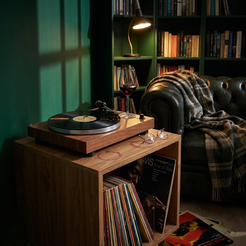 Mid Century Modern Vinyl Record Player Stand, Wooden LP Storage