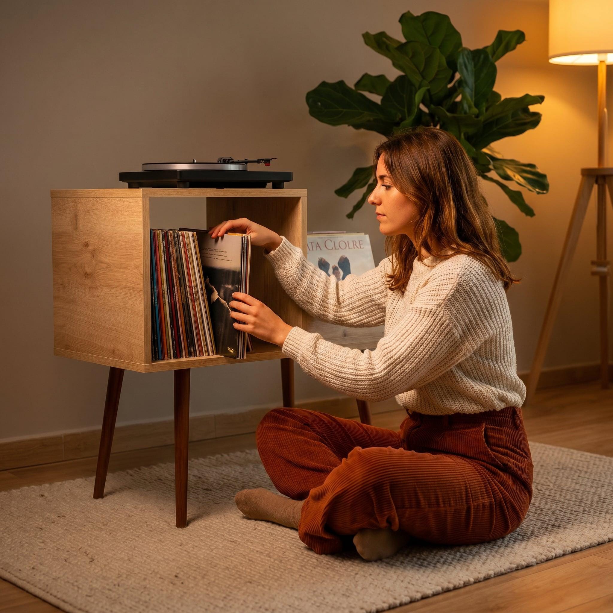 MCM Record Stand with Personalized Text, Mid-Century Turntable Setup and Metal Separator