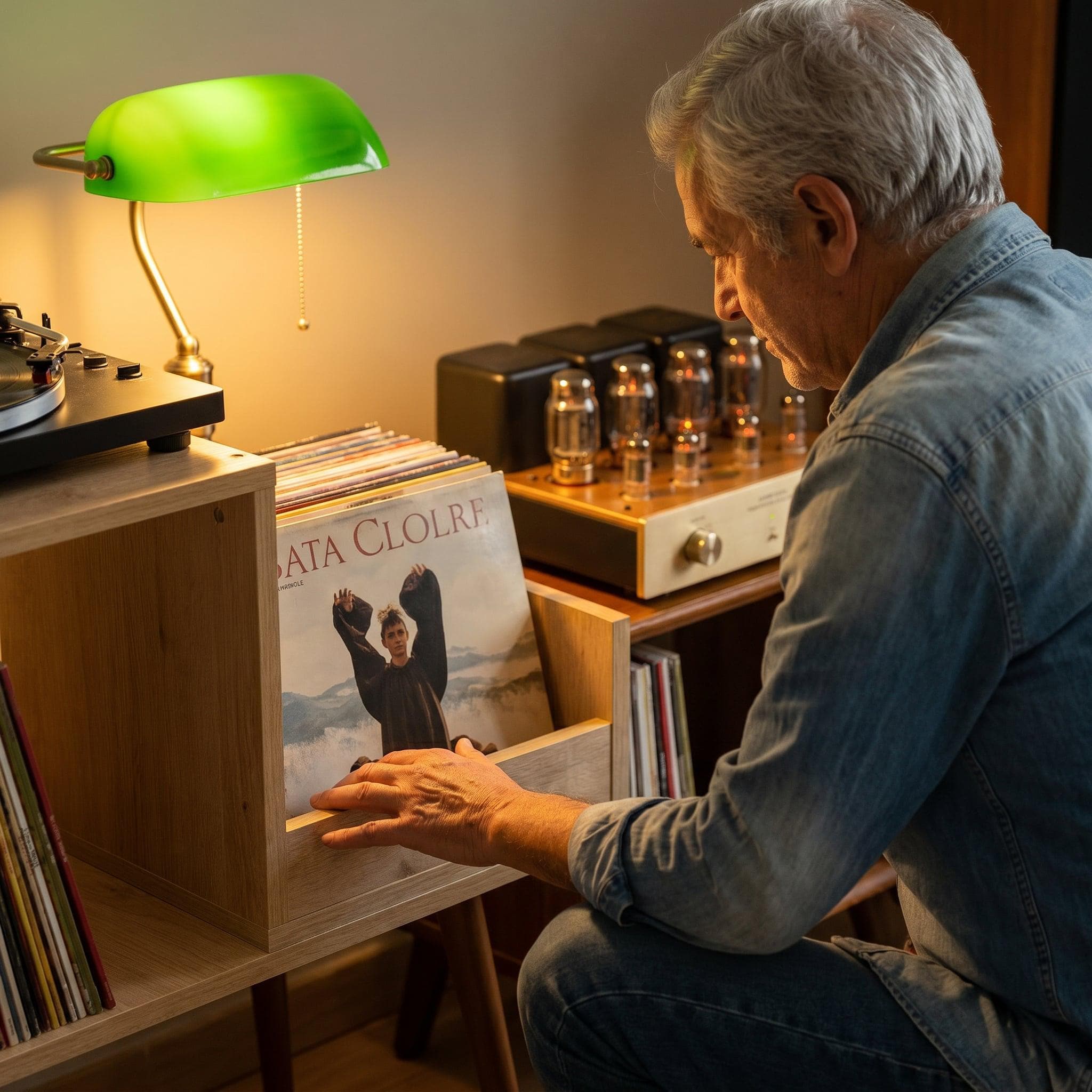MCM Record Stand with Personalized Text, Mid-Century Turntable Setup and Metal Separator