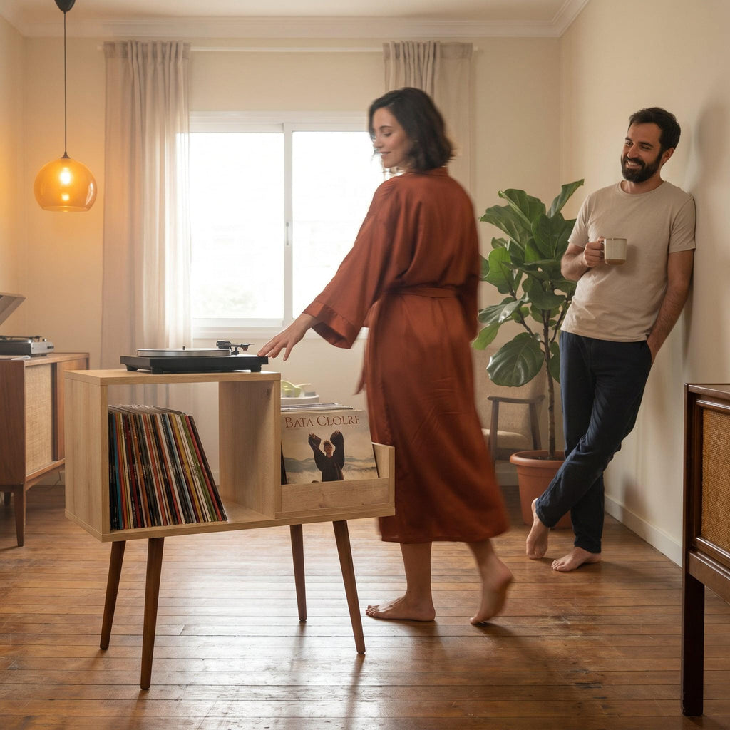 MCM Record Stand with Personalized Text, Mid-Century Turntable Setup and Metal Separator
