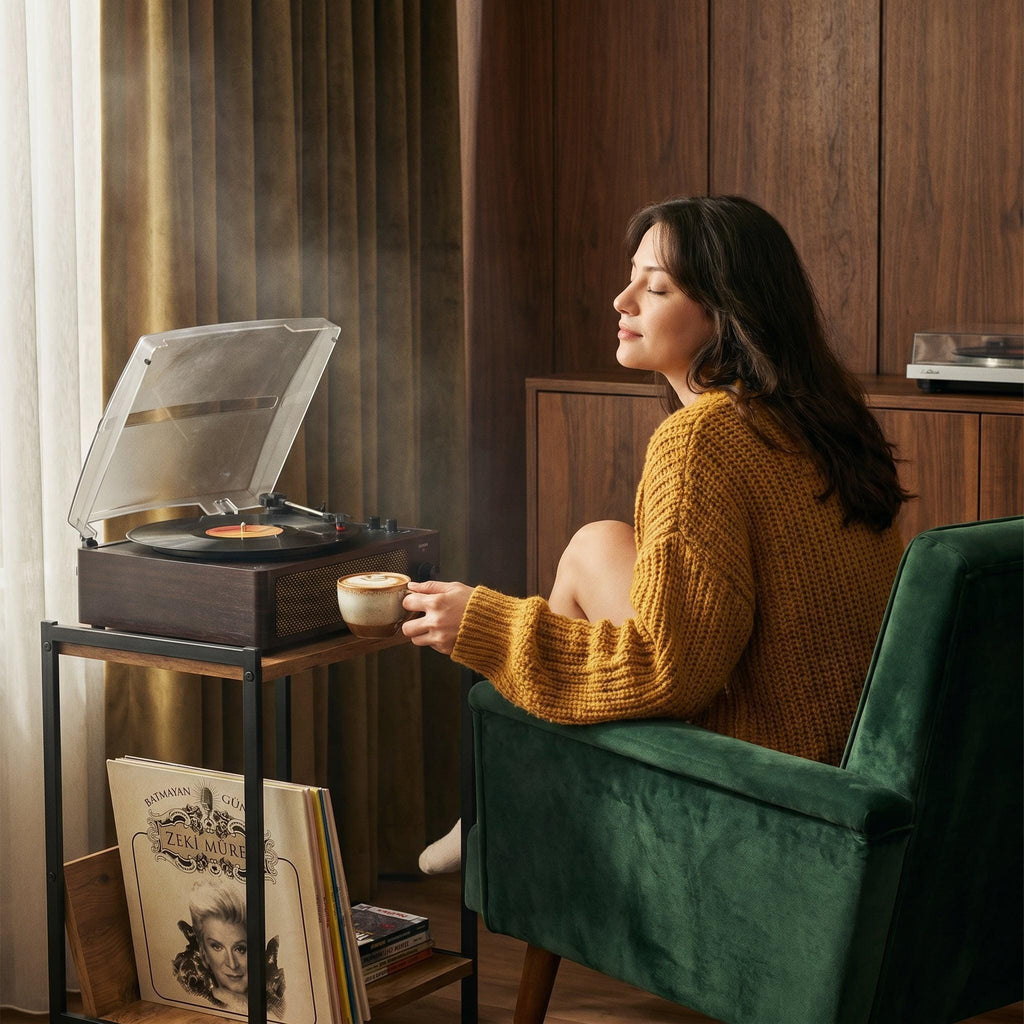 Mid-Century Modern Vinyl Record Player Stand: Boho Console Table