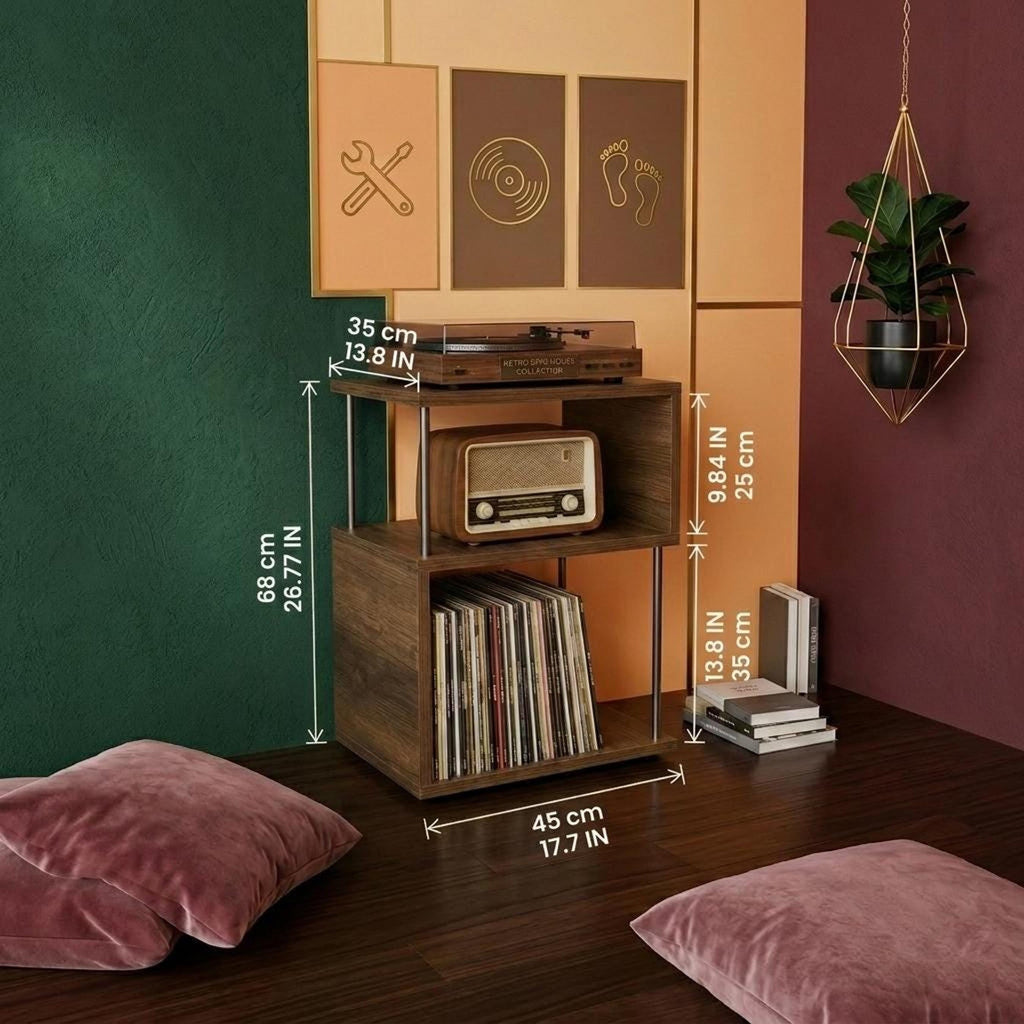 Compact record stand, plywood vinyl setup stand, small media console