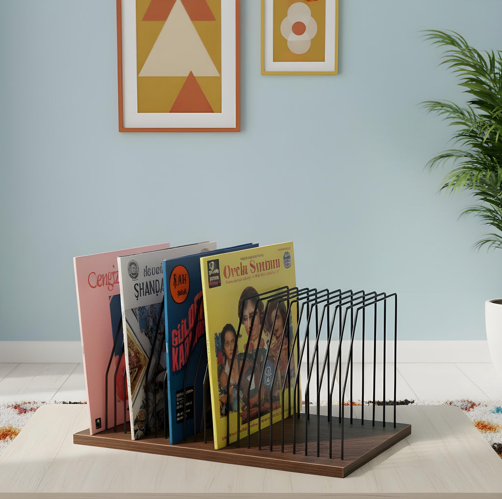 Mid Century Modern Vinyl Record Stand: Wood Base Metal LP Holder