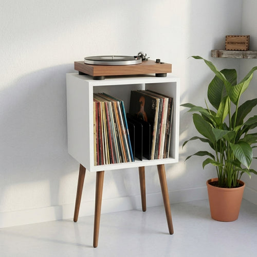 Mid Century Modern Vinyl Record Player Stand – Wooden LP Storage & Turntable Table