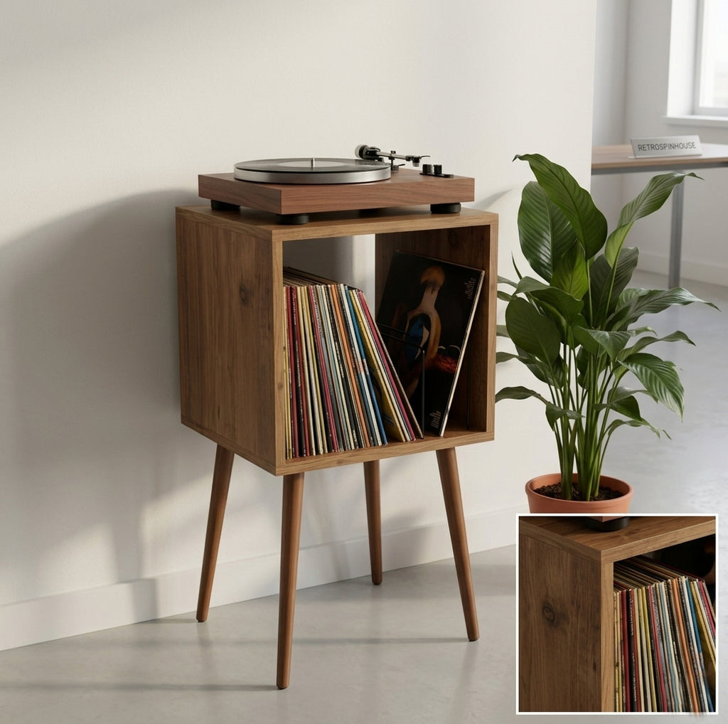 Mid Century Modern Vinyl Record Player Stand – Wooden LP Storage & Turntable Table