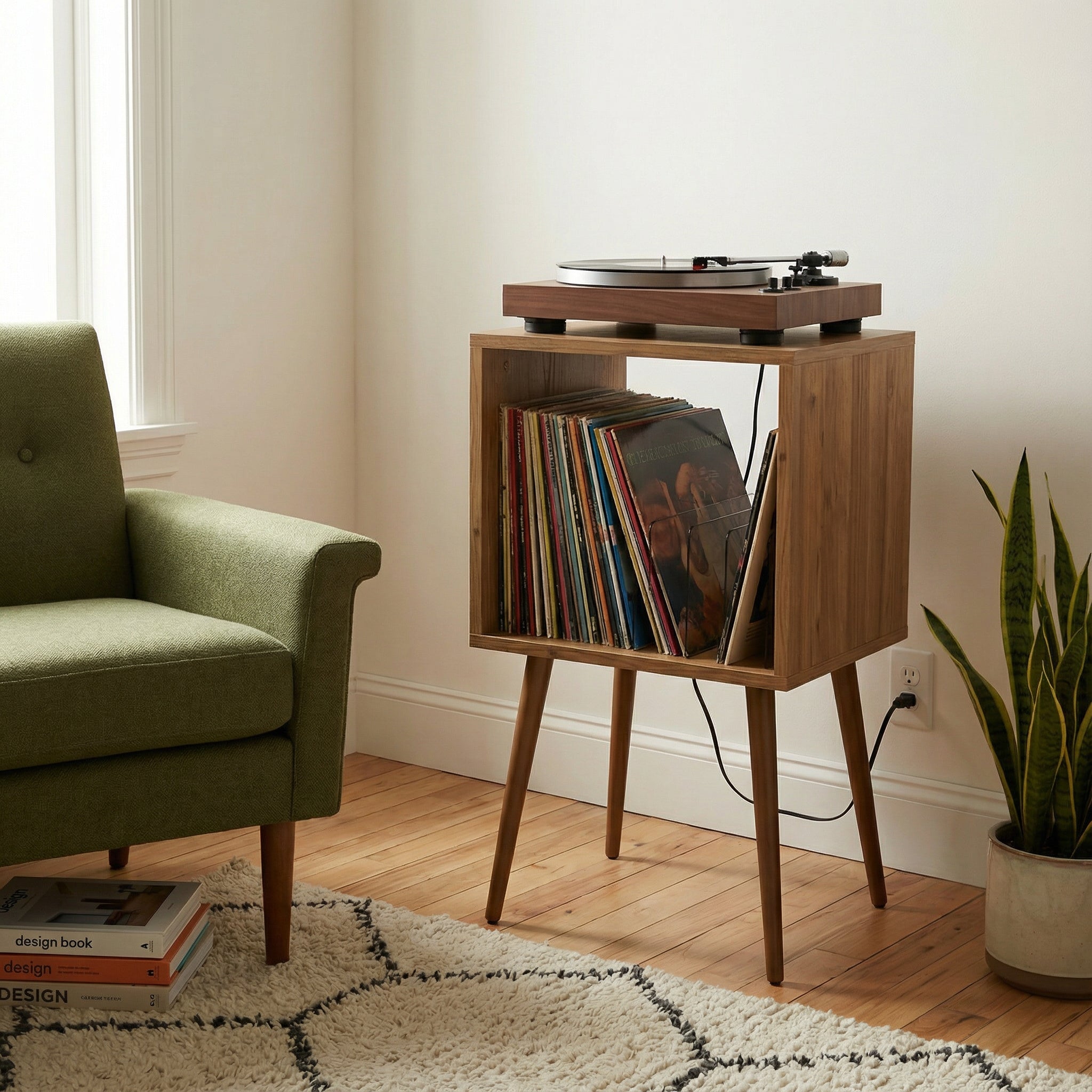 Mid Century Modern Vinyl Record Player Stand – Wooden LP Storage & Turntable Table