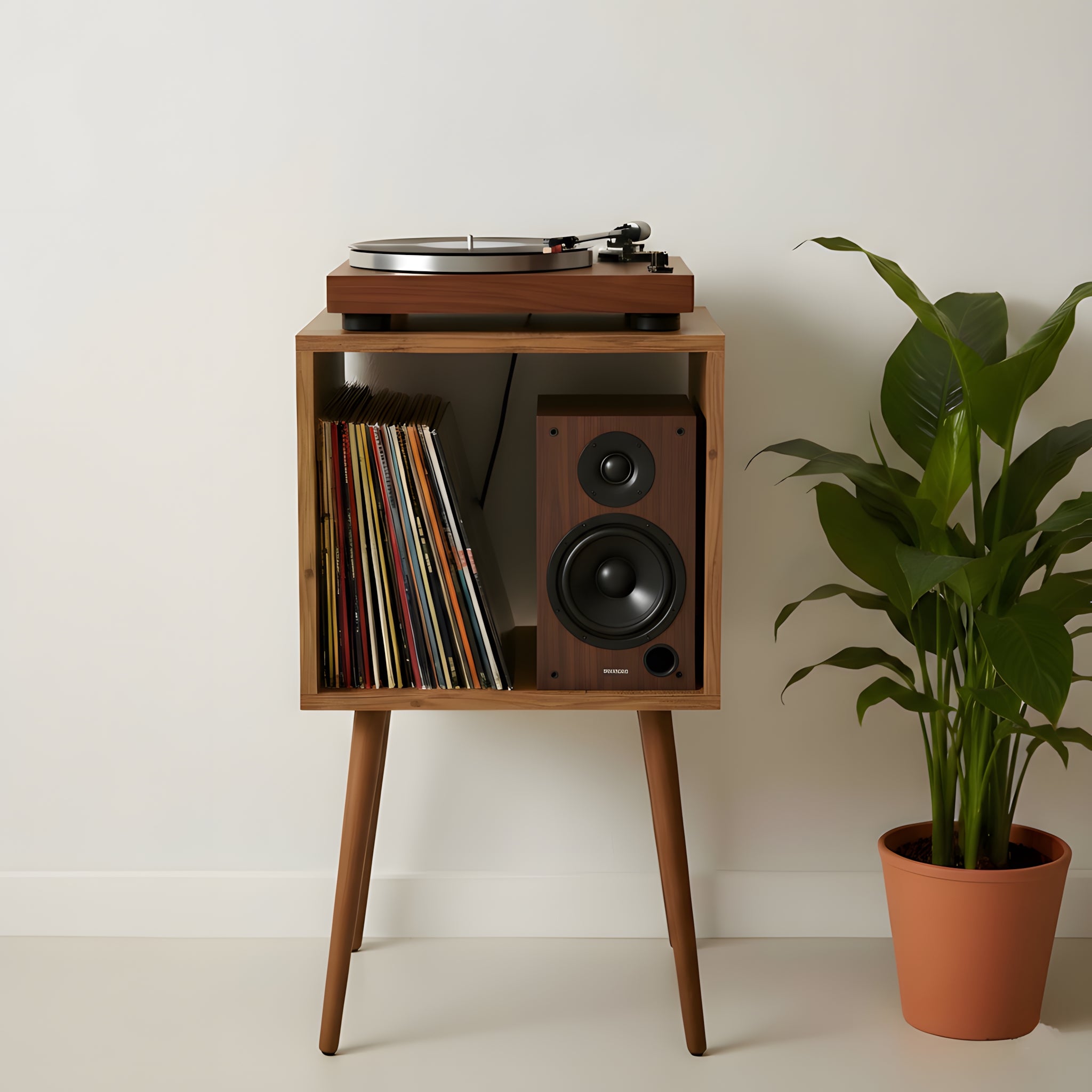 Mid Century Modern Vinyl Record Player Stand – Wooden LP Storage & Turntable Table