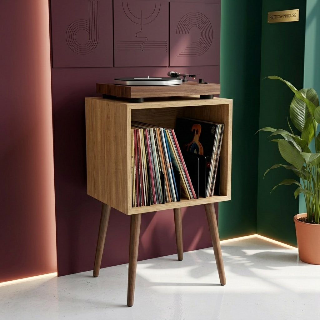 Mid Century Modern Vinyl Record Player Stand – Wooden LP Storage & Turntable Table