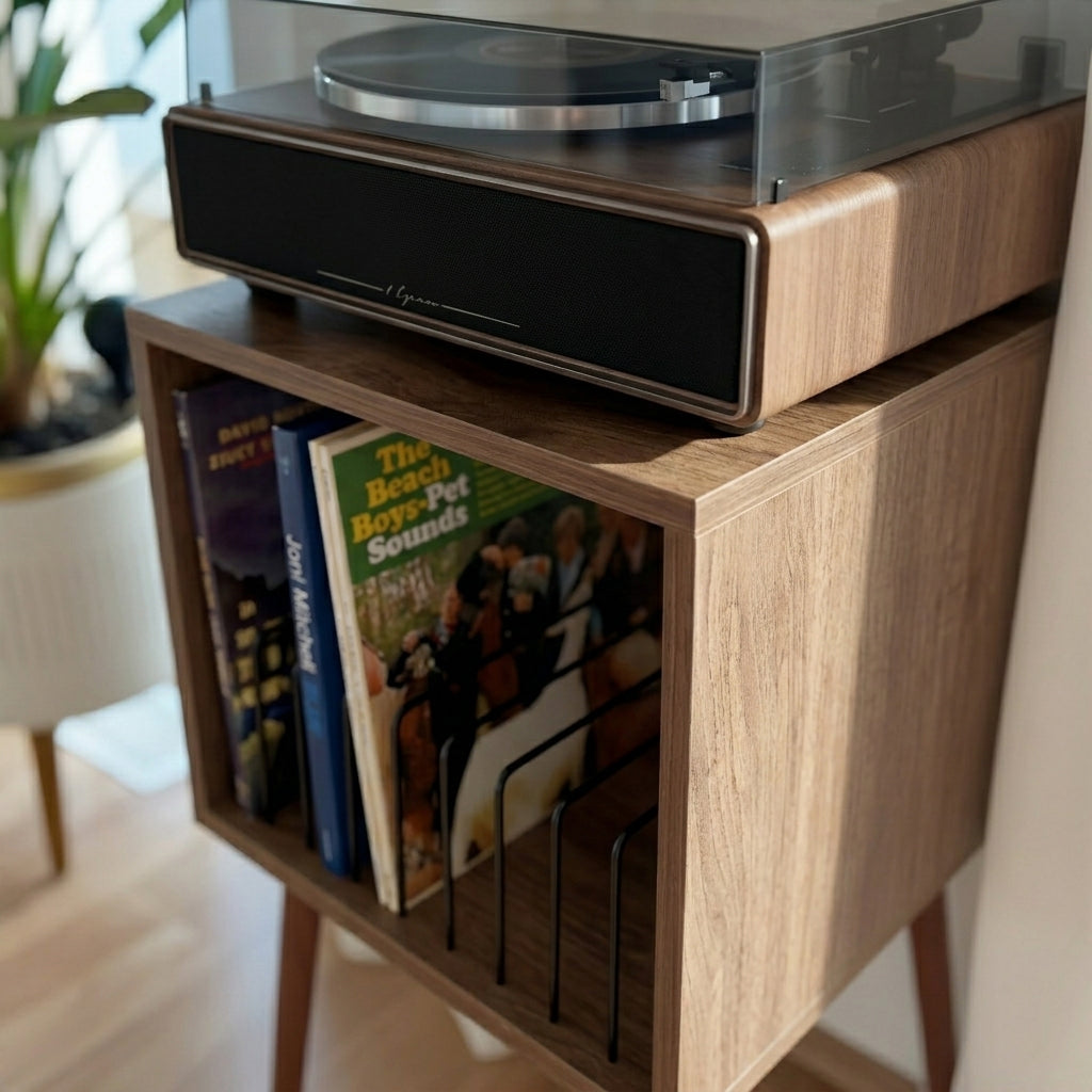 Mid Century Modern Vinyl Record Player Stand – Wooden LP Storage & Turntable Table